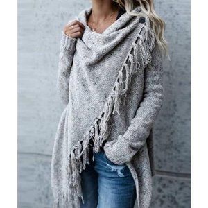 Grey Cardigan Boho Sweater Cover Up Poncho Wrap Knit Tassels Trendy Womens Top